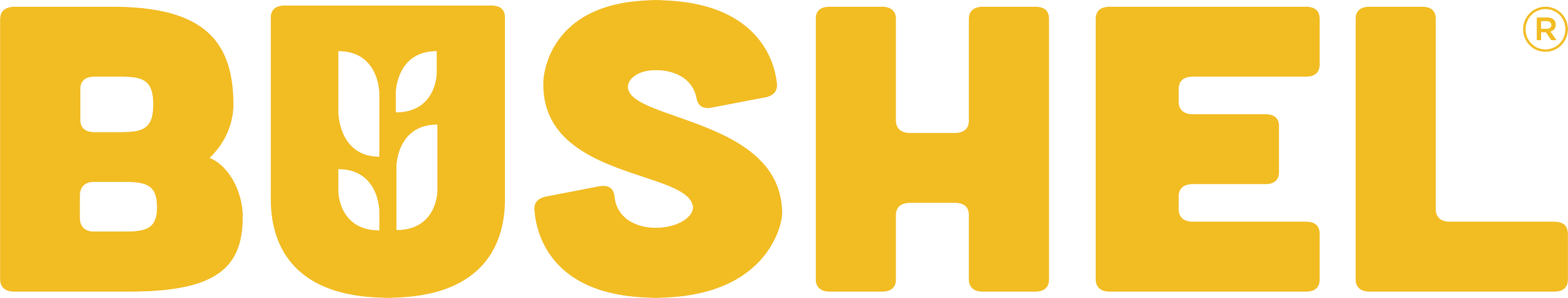 The word Bushel written in large, yellow, uppercase letters with a black outline on a black background.