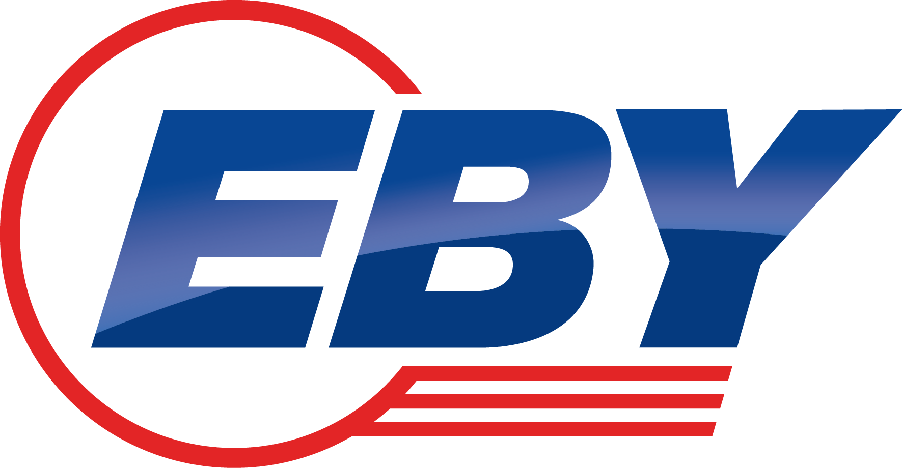 EBY logo with red circle and stripes, blue gradient letters EBY