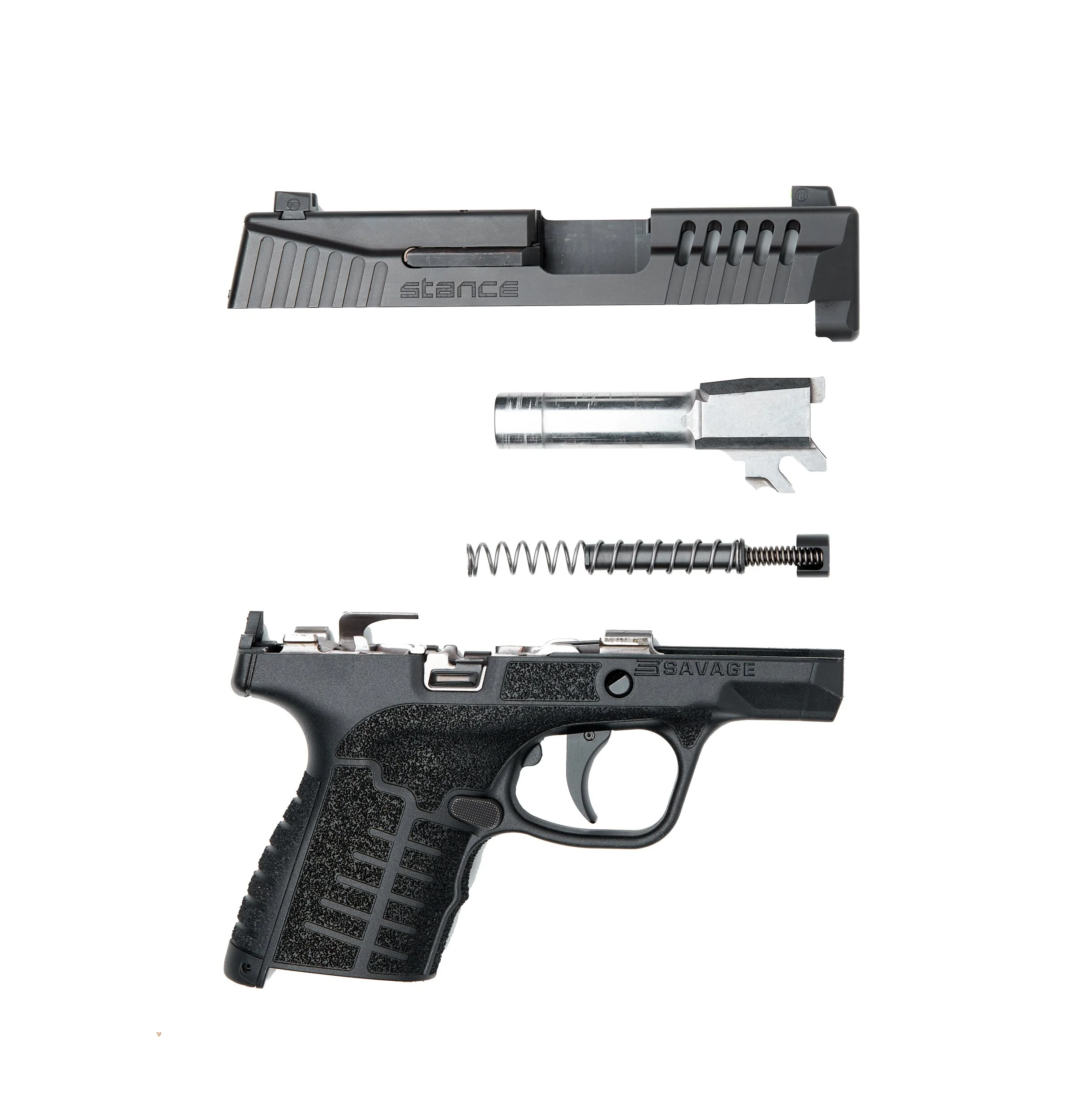 Disassembled semi-automatic handgun with upper slide, barrel, recoil spring, and lower frame visible on a white background.