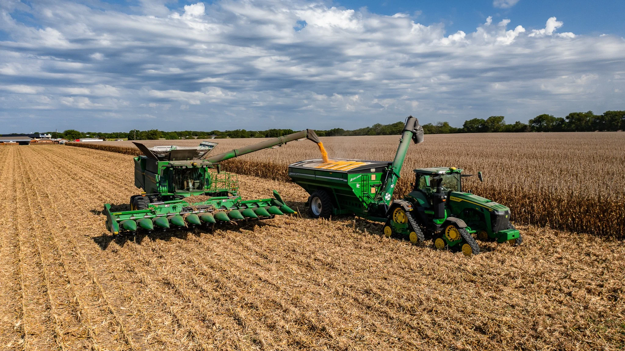 This image shows a tractor and harvesting equipment working in a large field of crops on a bright day with a partly cloudy sky.