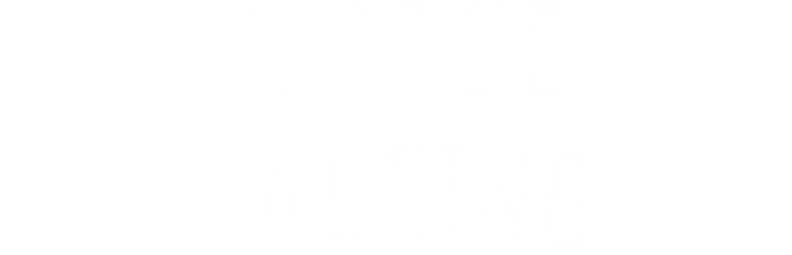 Black and white photograph of a sign with the words 'Coffee' and 'Calling' in stylized text, with the phrases 'A job. A duty.' on the left and 'A way of life.' on the right.