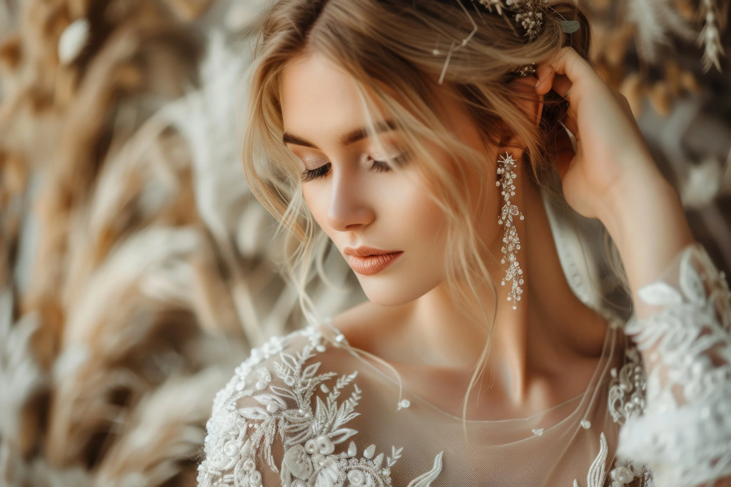 a glowing bride puts hair behind her ear