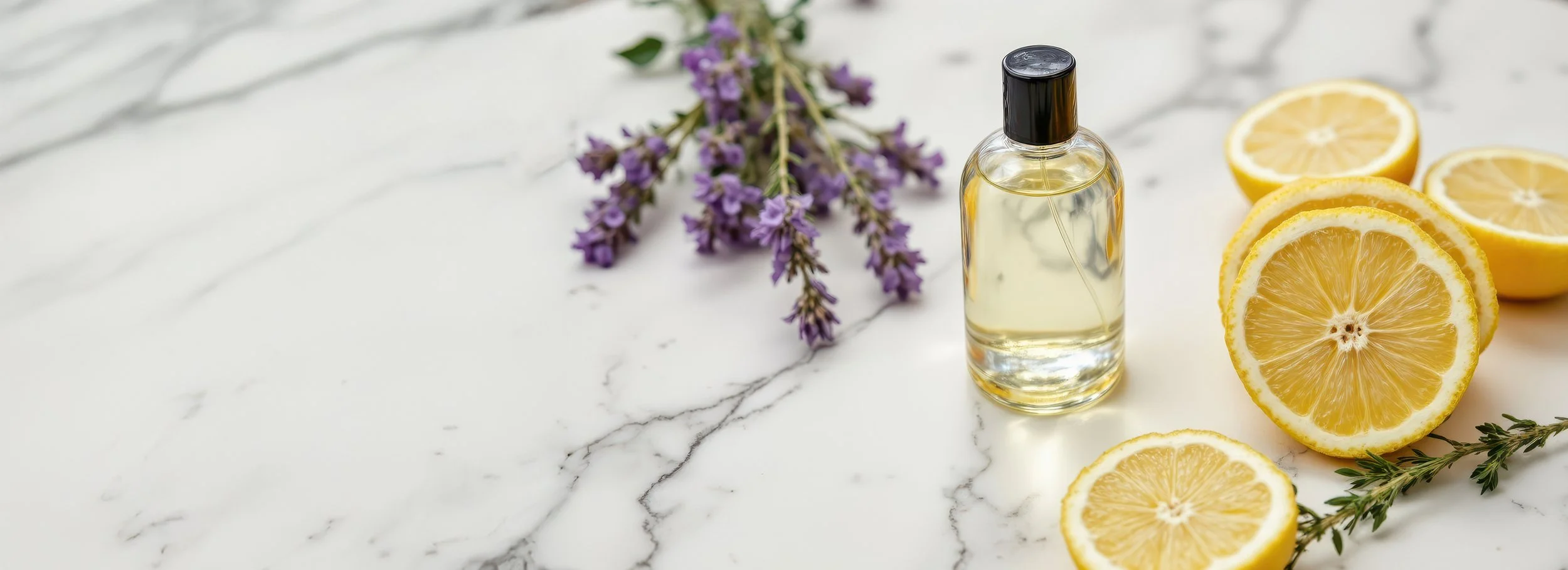lemon and lavender on a white marble background