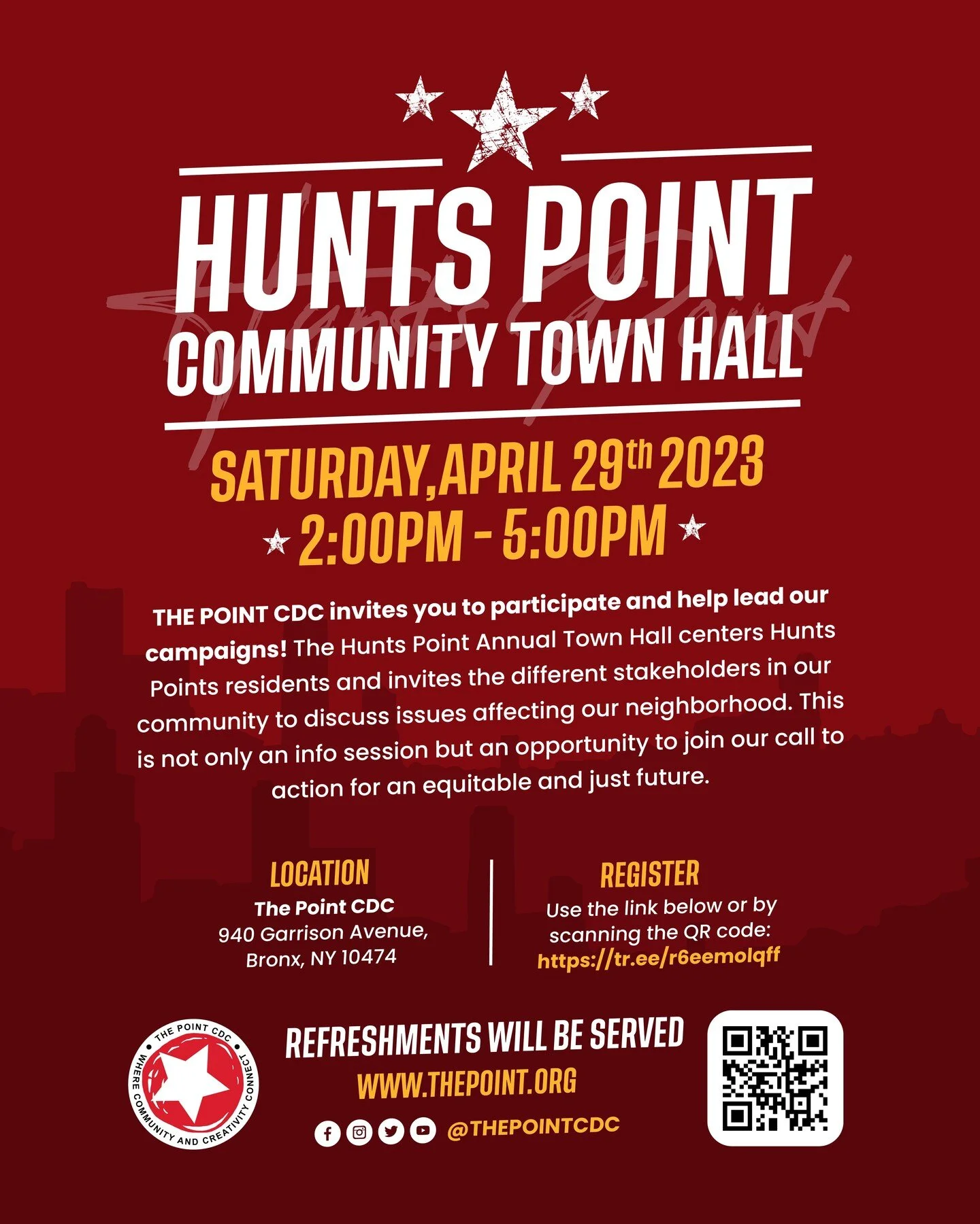 THE POINT CDC invites you to participate and help lead our campaigns! The Hunts Point Annual Town Hall centers Hunts Points residents and invites the different stakeholders in our community to discuss issues affecting our neighborhood. This is not on