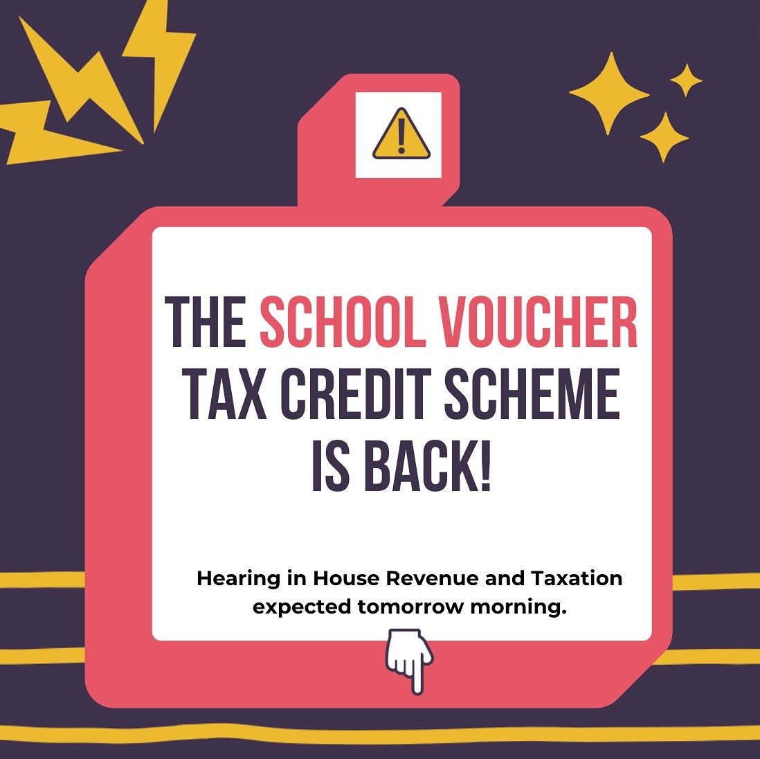 The school voucher tax scheme bill, HB 447, has&nbsp;been sitting in the House Revenue and Taxation for five&nbsp;weeks.  It&rsquo;s on the agenda for tomorrow morning.

We need to respectfully remind&nbsp;members of the committee that we do not want