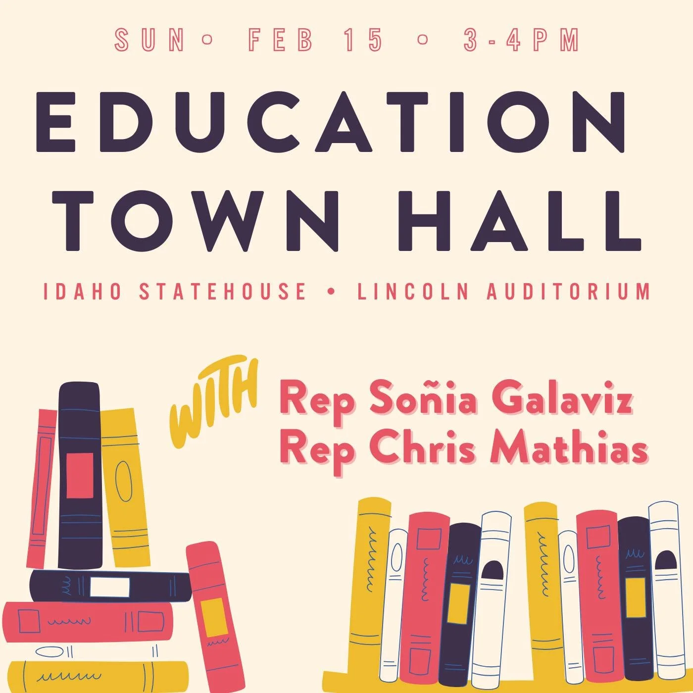 @mathiasforidaho and I are hosting an education town hall tomorrow, Sunday, Feb. 15 from 3&ndash;4 PM, to share updates on key public education issues and clear ways to take action. We hope you&rsquo;ll join us! RSVP at the link in my bio.