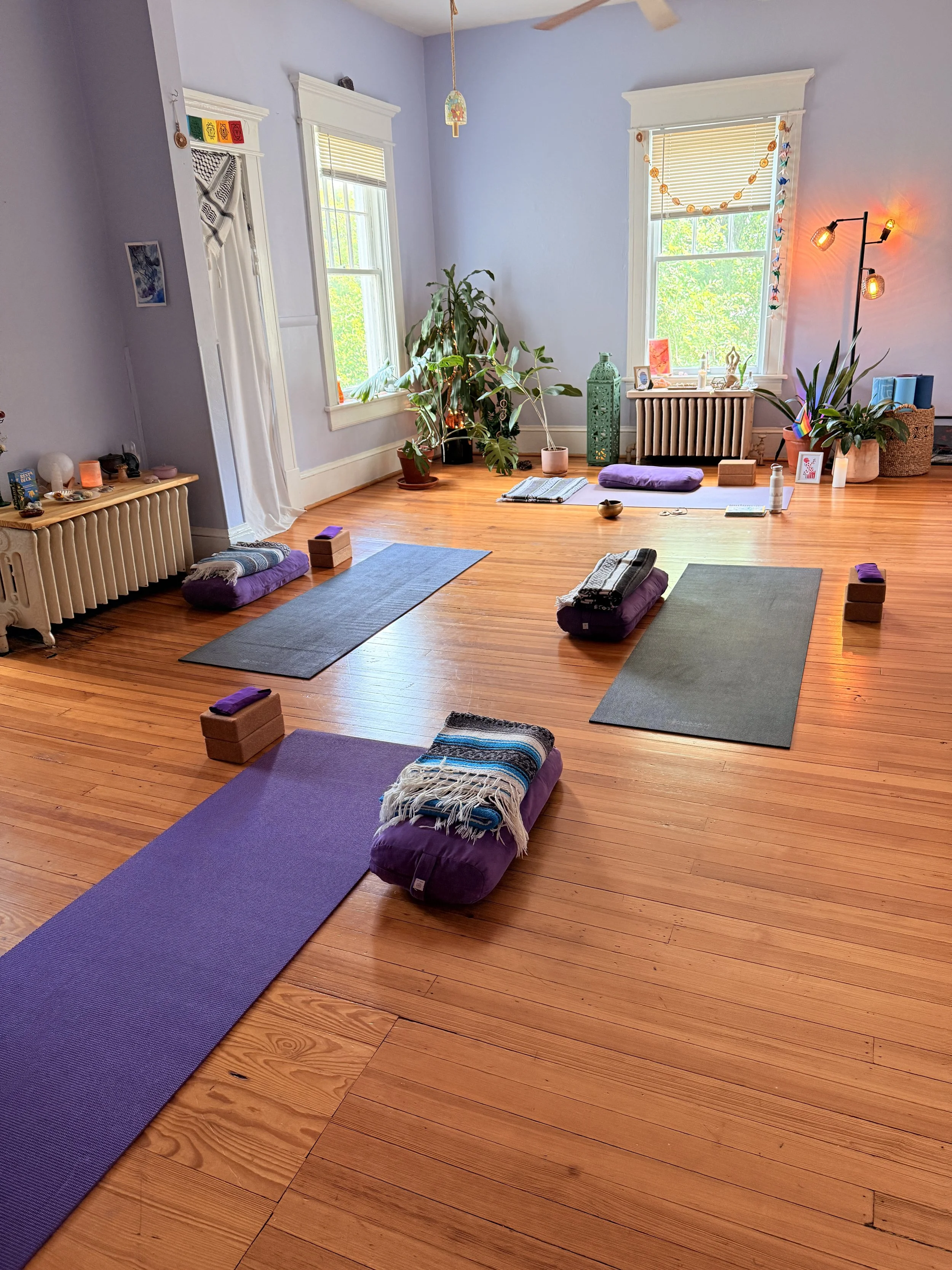 Yoga studio with wood floors and natural light from windows, yoga mats and props