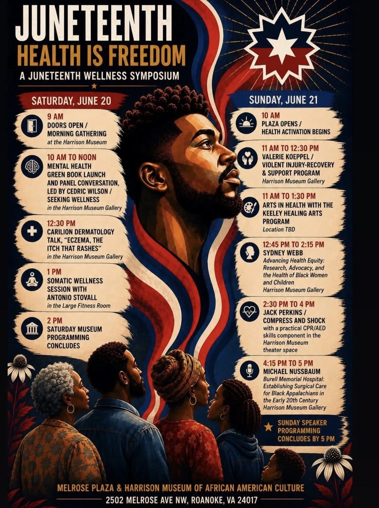 Juneteenth: Health is Freedom flyer with an image of Black folks looking at the Juneteenth flag and a list of all events