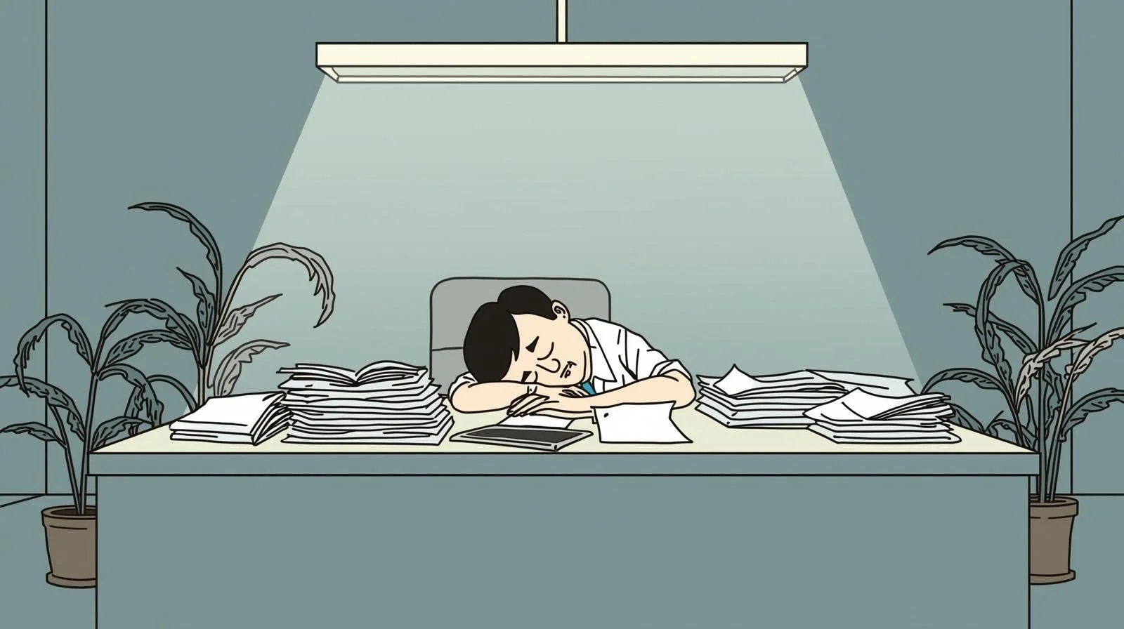illustration of a man on his desk experiencing workplace burnout