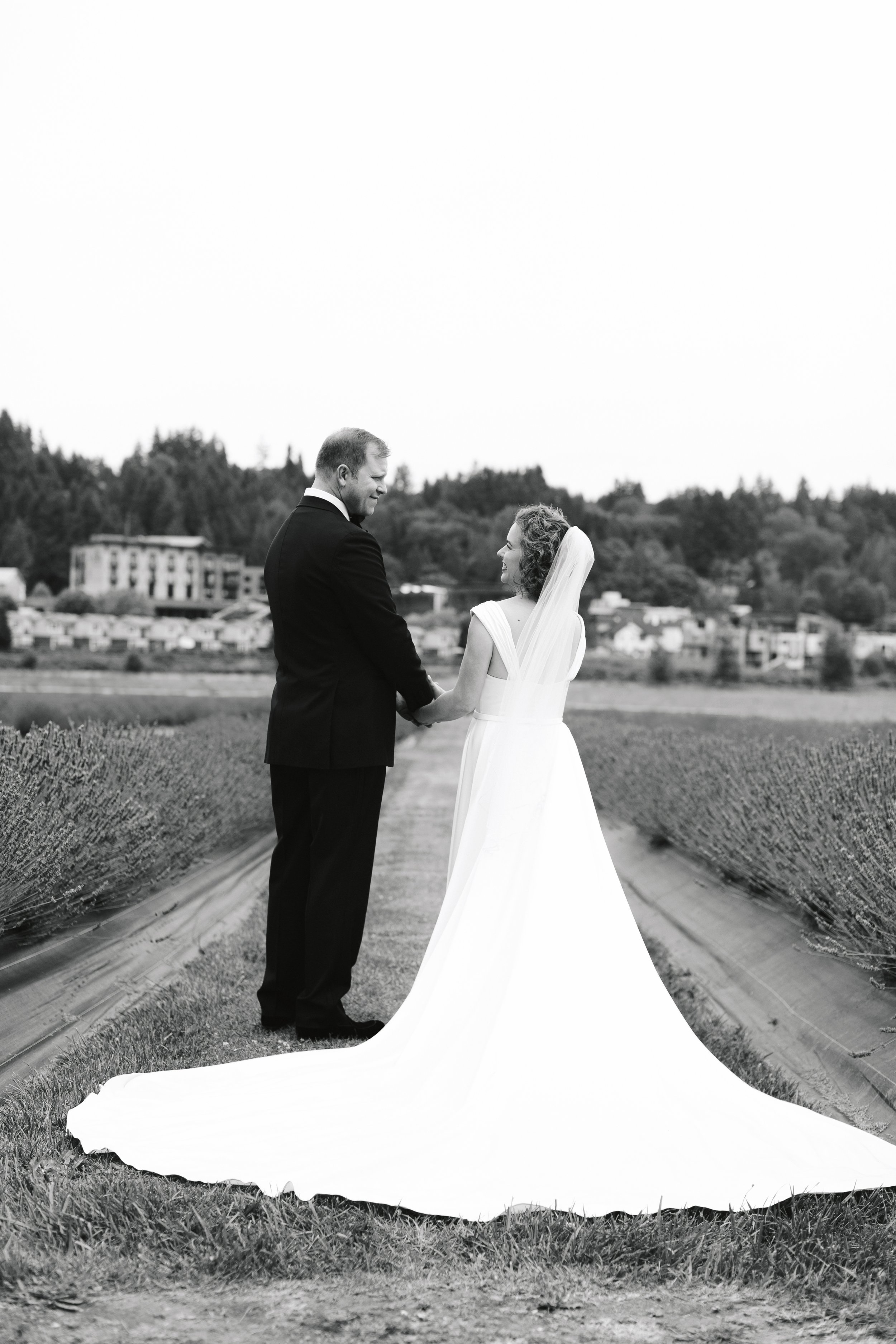 Black and white photo of a bride and groom standing in a vineyard, holding hands and facing each other, with a backdrop of trees and buildings, in wedding attire.