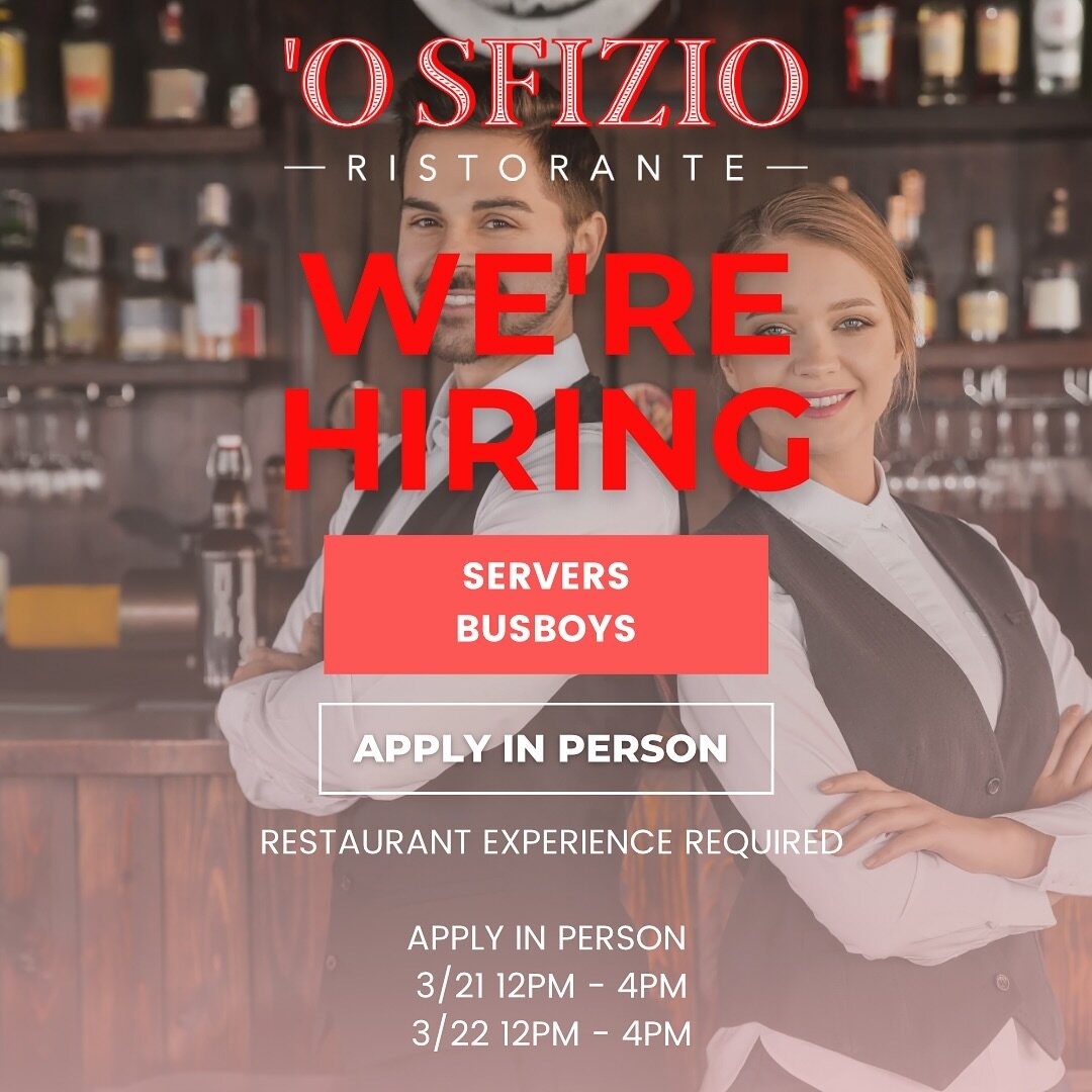 We are hiring servers and busboys! Restaurant experience is required. Please apply in person tomorrow 3/22 from 12-4 as well as on Saturday 3/23 from 12-4.

4651 Hylan Blvd
Staten Island, NY 10312
718-227-3000

#italianrestaurant #italianfood #food #