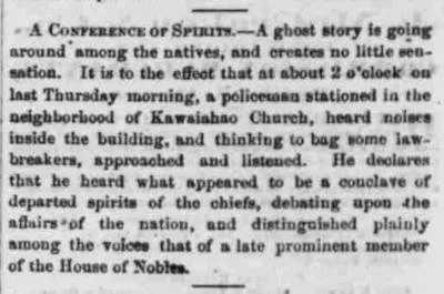 Honolulu ghost tour newspaper clipping 1871 PCA Conference of Spirits