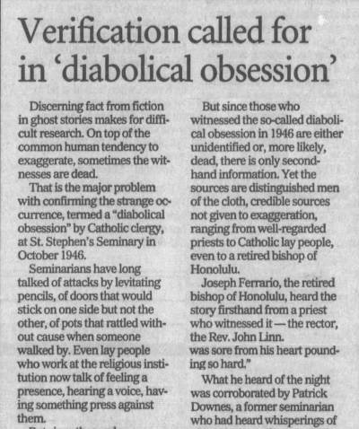 Honolulu ghost tour newspaper clipping of Diabolical obsession at St. Stephen’s Seminary