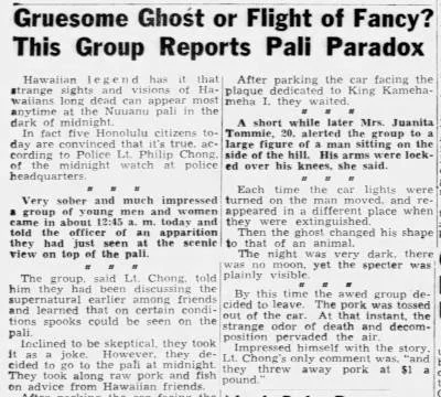 Honolulu ghost tour newspaper clipping from 1947 Gruesome Ghost or Flight of Fancy? This group reports Pali Paradox