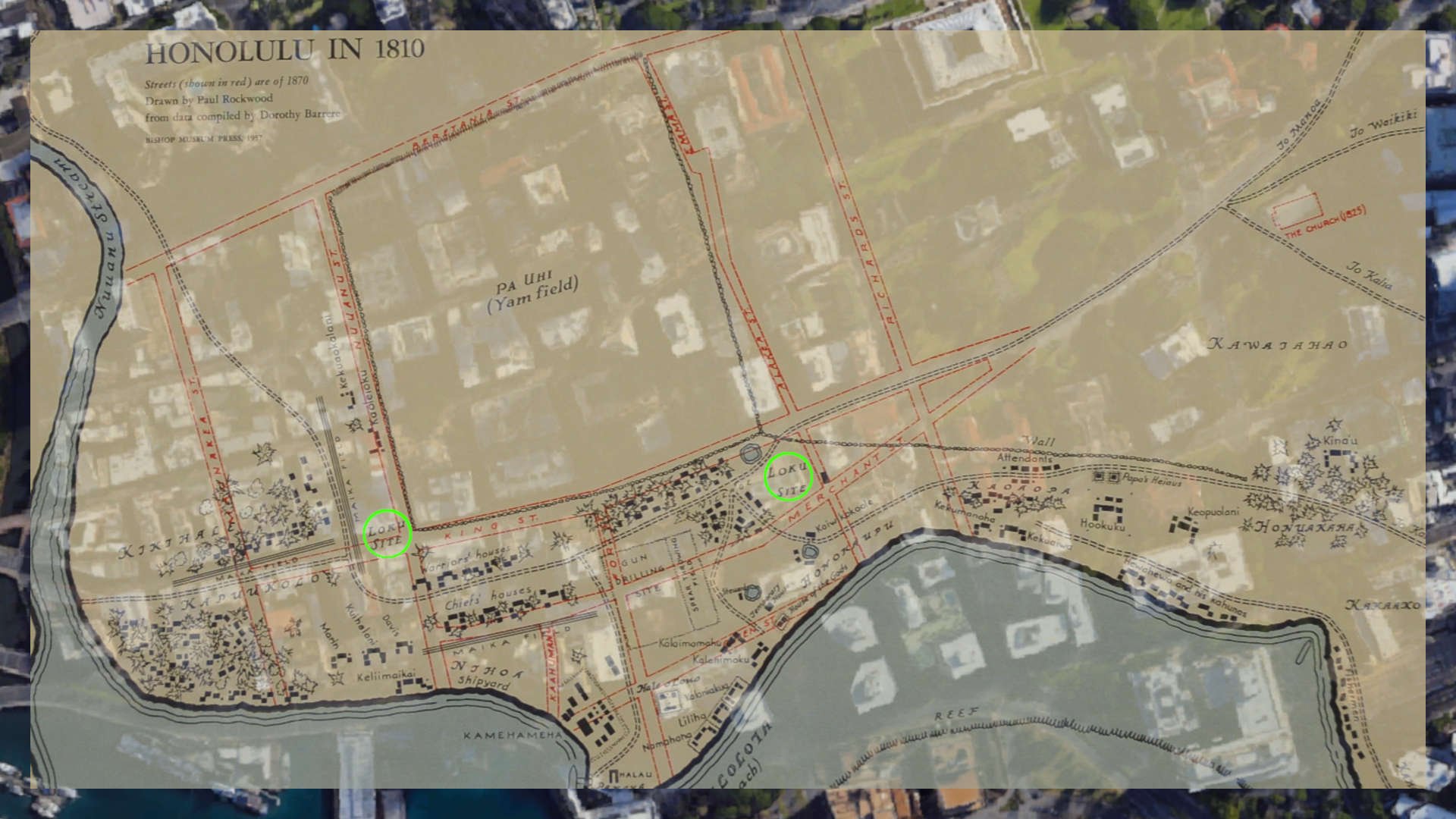 Honolulu ghost tour 1810 map of Honolulu showing Haunted Loku sites overlayed on 2021 map