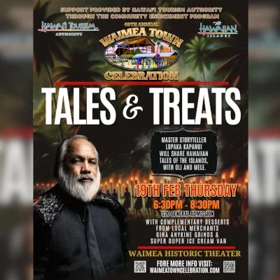 Join us for Tales and Treats on Thursday, February 19, from 6:30 to 8:30 p.m.
Enjoy captivating Hawaiian stories of the islands, featuring oli and mele by Master Storyteller Lopaka Kapanui, paired with delicious themed desserts from local favorites G