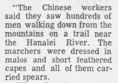 Eyewitness account recalls night marchers near Hanalei River carrying spears and wearing feather capes