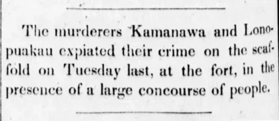 1860 newspaper clip of the fate of Kamanawa and Lonopuakau
