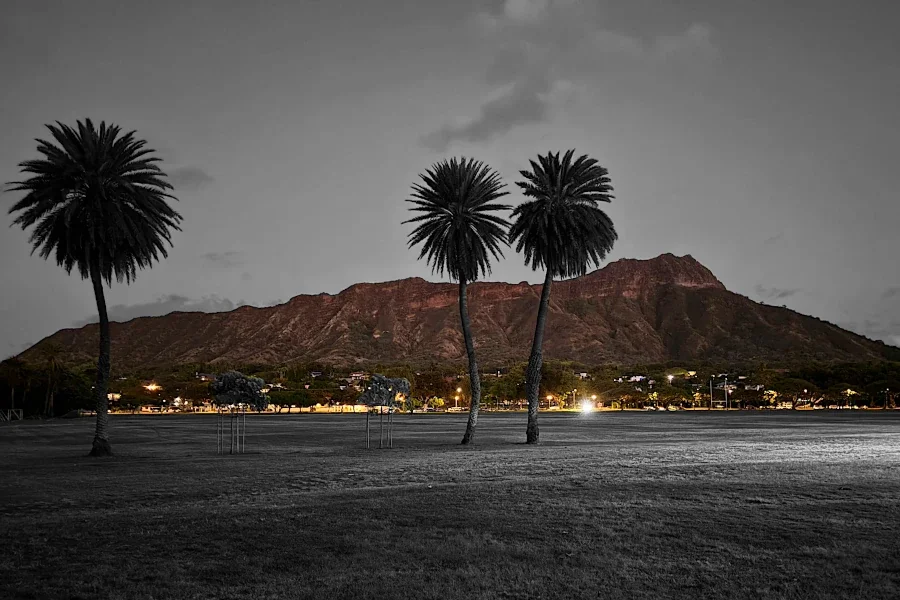 Diamond Head part black and white, part color, Haunted Waikiki