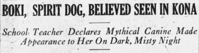 Headline of 1927 newspaper article reads, "Boki, spirit dog, believed seen in Kona"