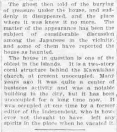 Honolulu ghost tour Kawaiahao Church 1906 news clipping Komba said the ghost!