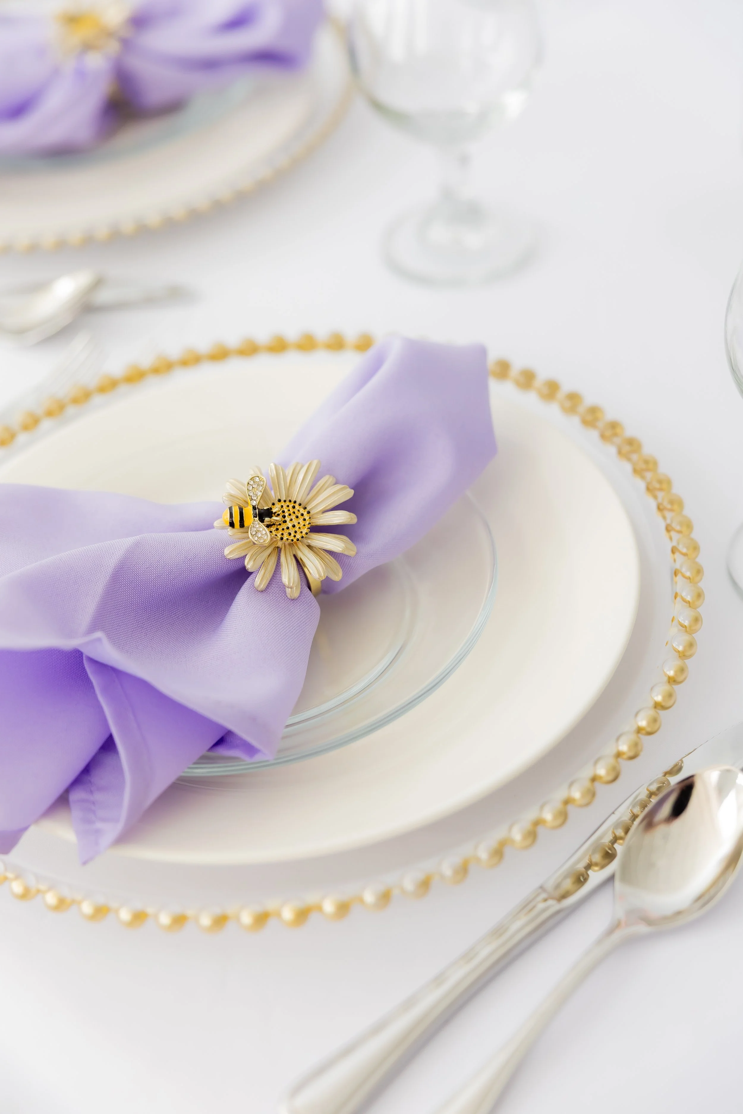 Pictured with Full Place Settings Add On (Lavender Napkins + Beaded Charger Upgrade)