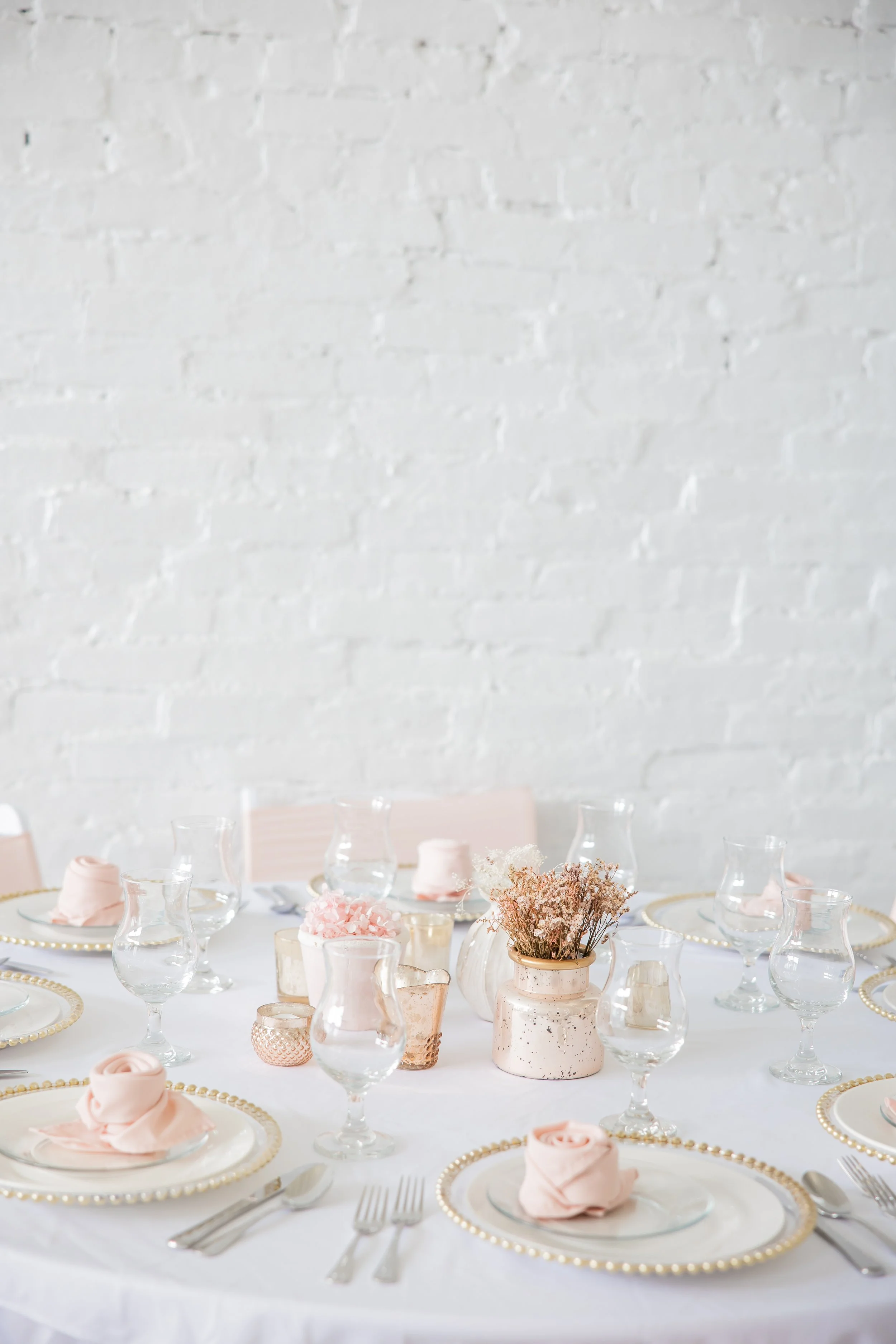 Pictured with Full Place Settings and Gold Beaded Charger Upgrade Available to Rent