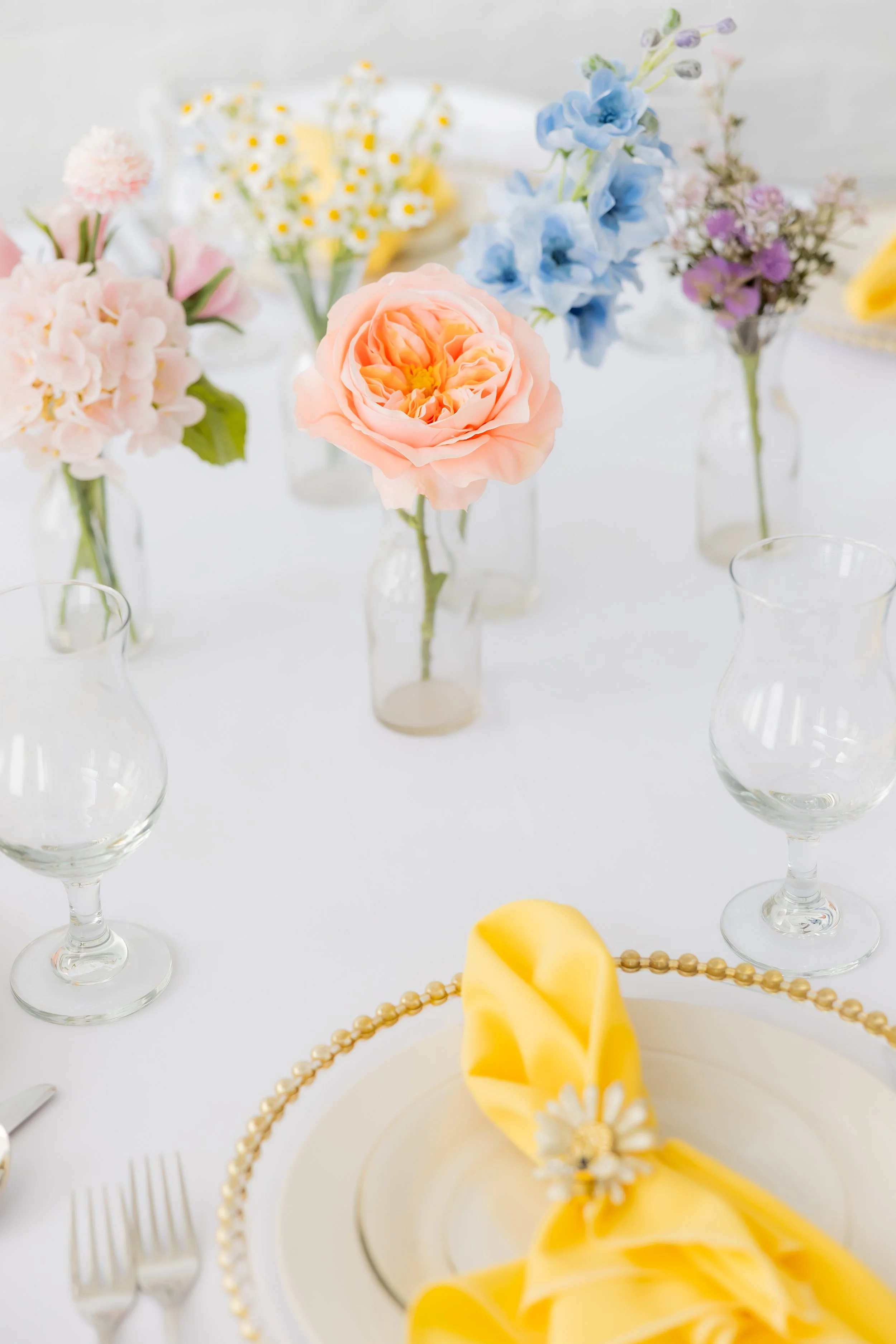 Pictured with Full Place Settings Add On (Yellow Napkins + Beaded Charger Upgrade)
