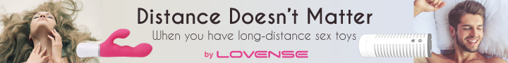 Banner showing a woman with long hair and a man holding a white object, promoting long-distance sex toys from Lovense with the slogan 'Distance Doesn't Matter'.