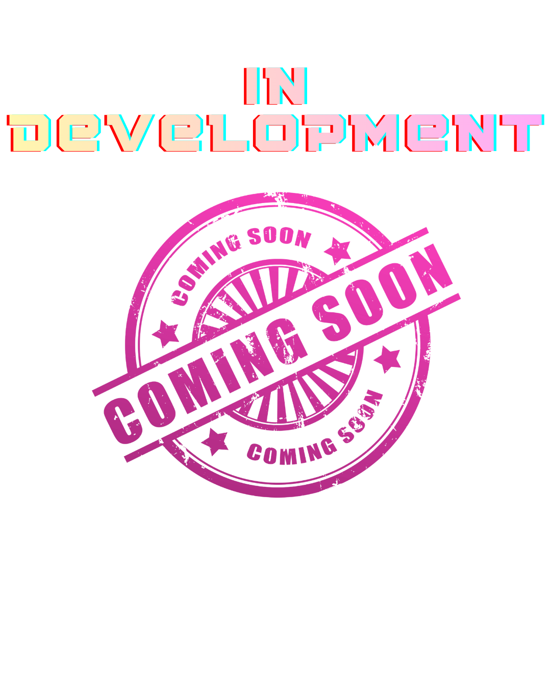 Red background with text 'IN DEVELOPMENT' at the top, purple 'COMING SOON' stamp with a DNA icon in the center.