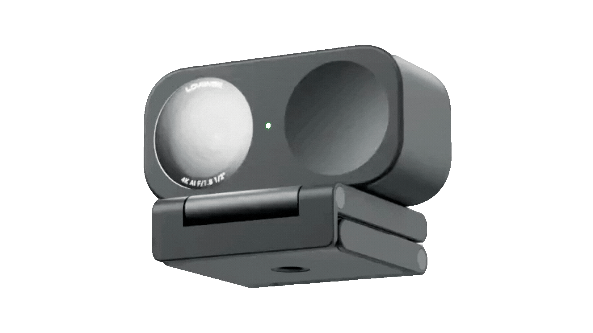 A compact projector with a cylindrical lens and a small green indicator light, mounted on a gray wall extension arm.