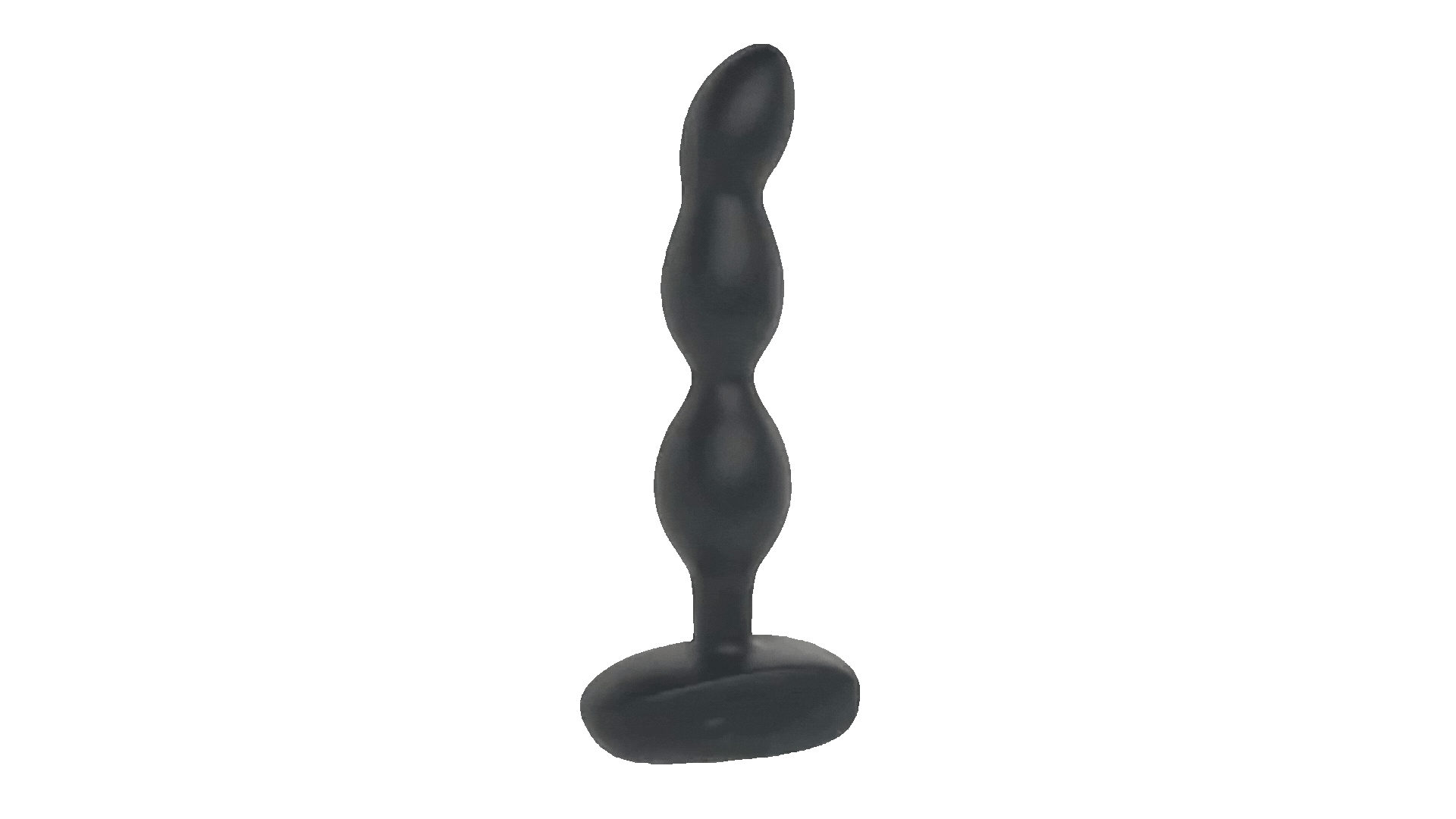 A black silicone prostate massager with a curved, tapered tip and a bulbous, textured body, standing upright on a flat surface.