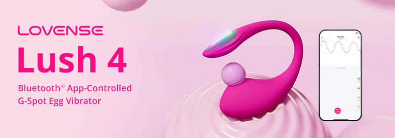 Pink Bluetooth app-controlled G-spot egg vibrator with a mobile phone displaying its app interface, set against a pink background, with the product name 'Lush 4' and brand 'Lovense'.