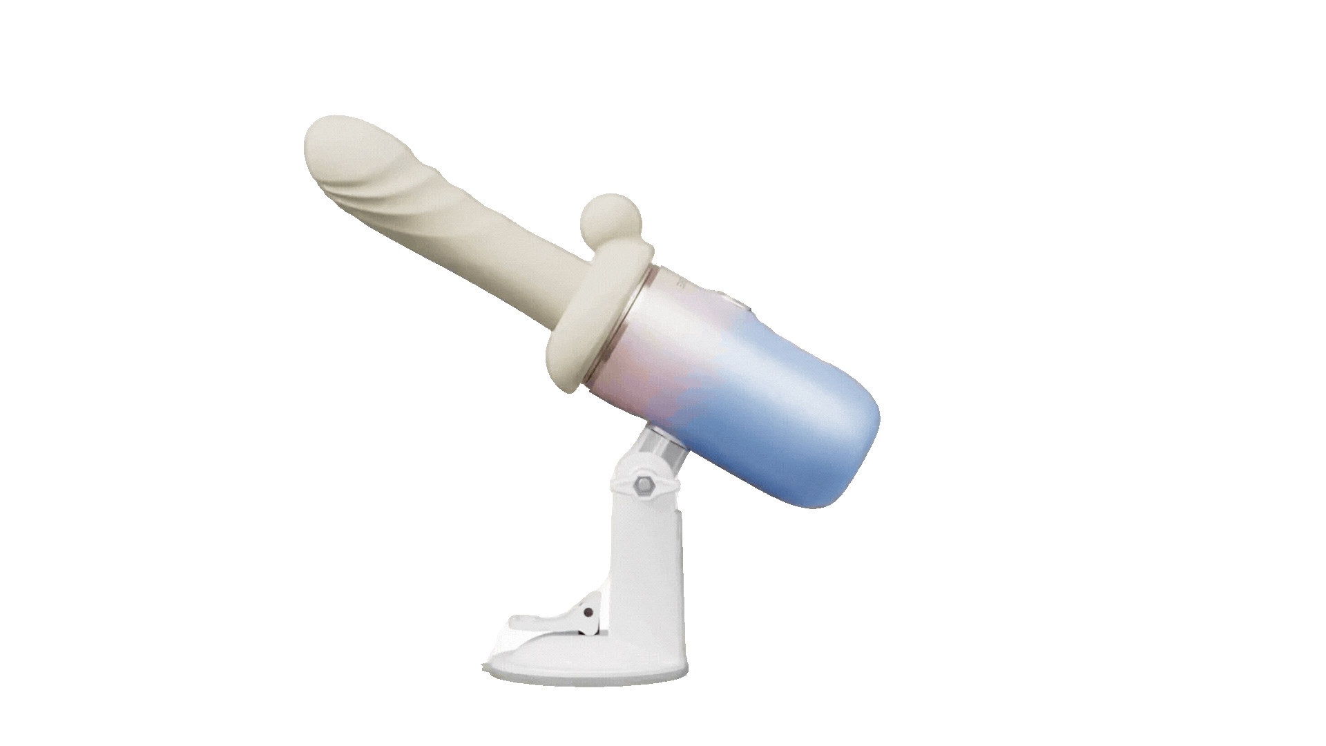 A handheld personal massager with a white handle, metallic silver and pink coloring, and a rounded, textured tip, positioned on a blue background.