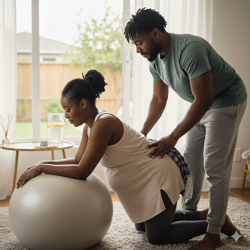 A man providing a massage or physical therapy to a woman who is resting her arms on a large exercise ball in a bright living room with large windows, curtains, and a small side table with a glass of water and a candle.