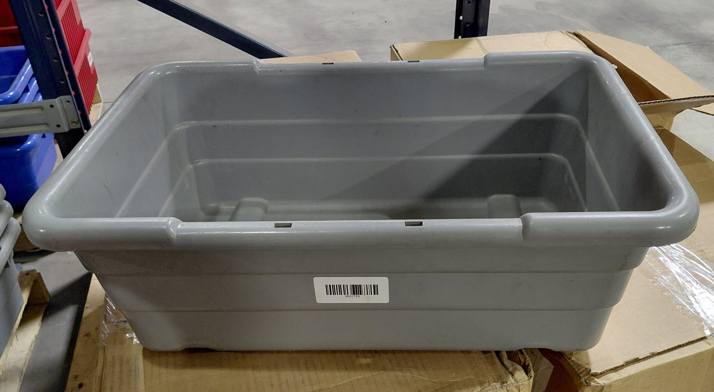 Cross-Stack Tub Gray Poly Tote Box / Utility / Sorting Tub Uline S-19504GR. Inside: 20 1/2" x 11 1/2" x 8".
