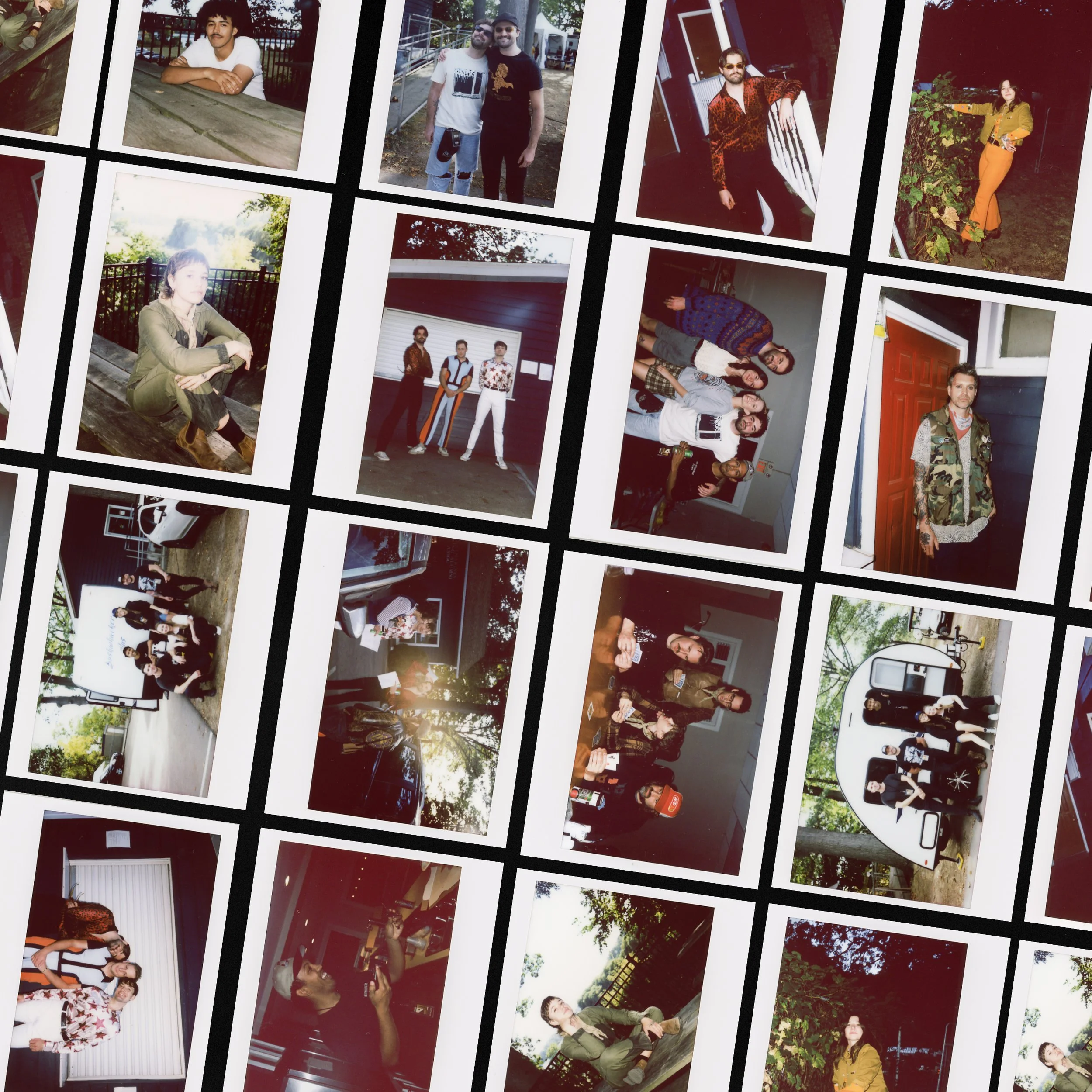 Collage of Polaroid photos showing people in various casual settings, outdoors, and indoors, with different poses and outfits.