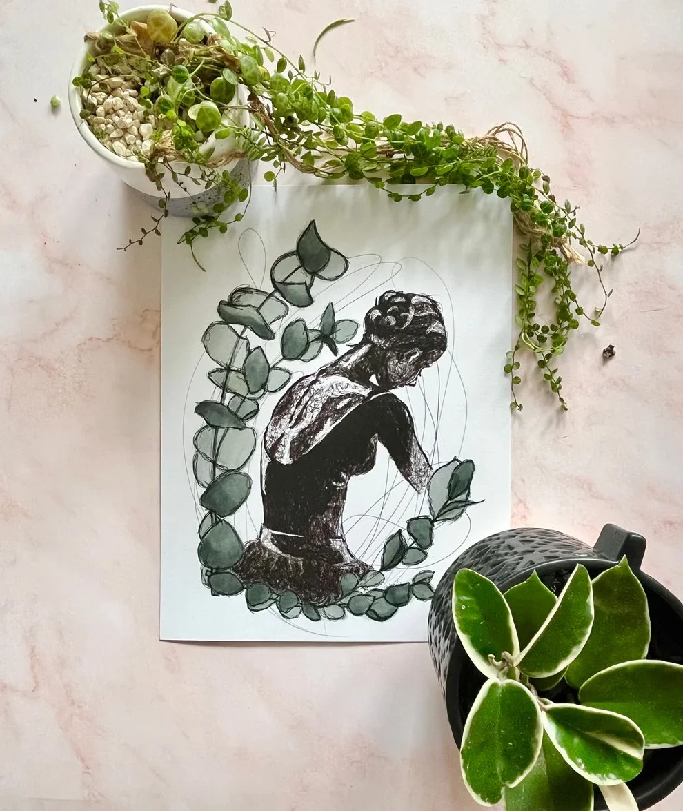Illustration of a seated figure surrounded by green leaves, with trailing plants and a potted plant arrangement. Set on a marble surface.
