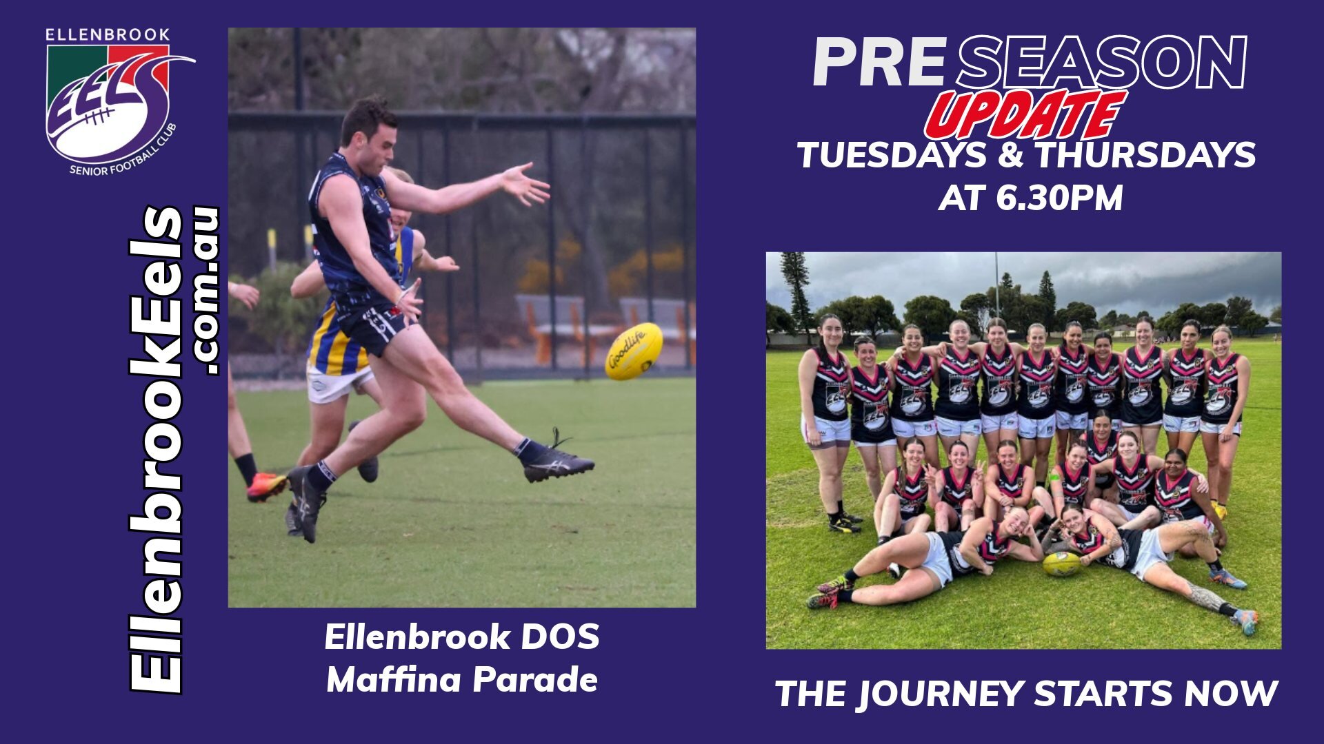 PRESEASON UPDATE

Training is now Tuesdays and Thursdays at the DOS. This includes:

Seniors
Reserves
Colts
Women
Thirds
Masters

It is not too late to get involved! All skill levels are welcome. Come down and make some new friends.

#thejourneystart