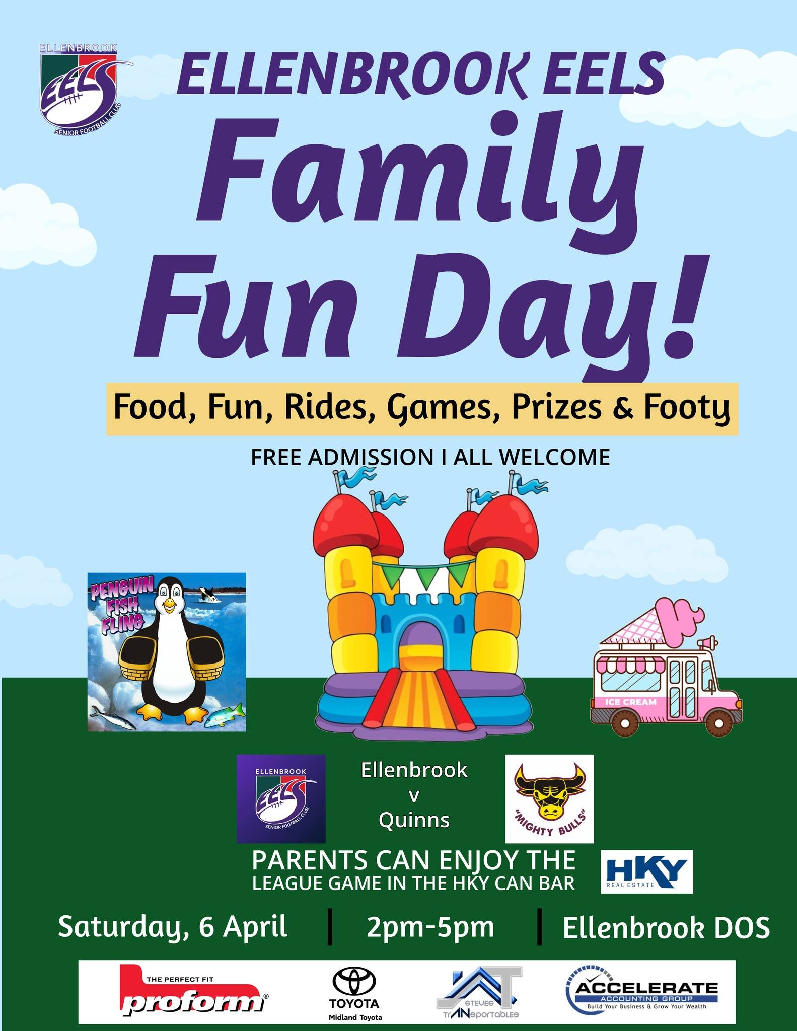 The Ellenbrook Senior Football Club invites you to join our Family Fun Day for Round One at the Ellenbrook District Open Space. 

This free event is open to everyone, and will feature:

Rides ✅
Bouncy Castles ✅
Extreme Ninja Course ✅
Carnival Fun Zon