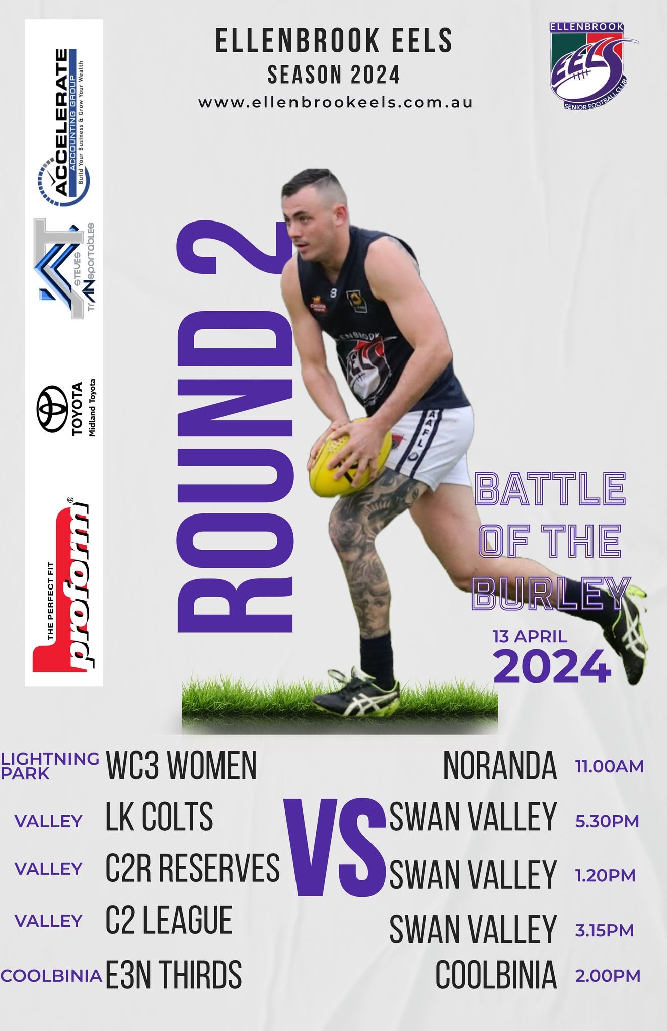 Round 2 Fixture

In 2004, the Ellenbrook Eels first played against Swan Valley in the Hills Football Association. The burley used in that game was signed by the playing group of both teams, and encased as a perpetual trophy. 

After a hiatus, the Bat