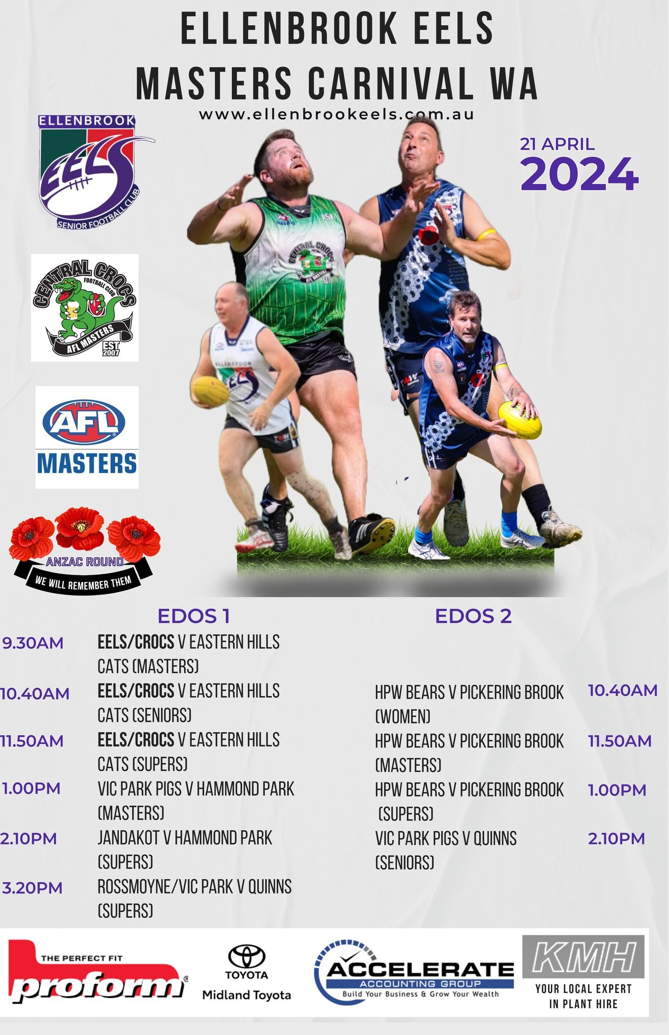 The Ellenbrook Eels, with our friends the Central Crocs Football Club - AFL Masters, are hosting the AFL Masters Western Australia this Sunday at the EDOS. 

A huge day of footy, with an action packed fixture sure to keep you entertained. Plenty to d