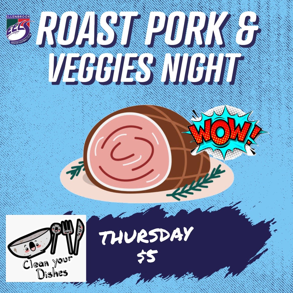 Thanks to our wonderful hardworking volunteers, we have $5 Roast Pork and Veggies for Dinner on Thursday night, during team selections. Don't forget to help out and clean your plates afterwards. 

The evening will include:

Team Selections
Old Bull Y