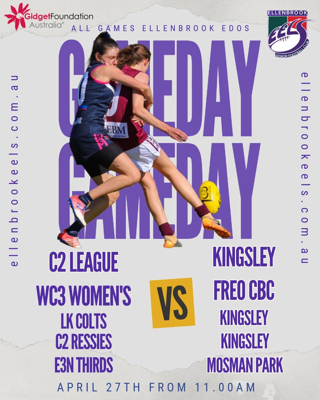GET UP IT'S GAME DAY

A massive round of home games at the EDOS, as we host our Ladies Day for 2024. The team are raising funds for Gidget Foundation Australia, and any support is greatly appreciated. 

The fixtures for today are:

WC3 Women v Freo C