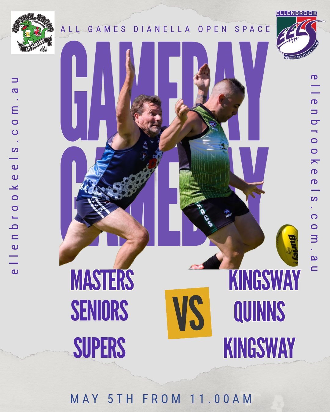 GET UP IT'S GAME DAY

Our AFL Masters Western Australia Eels and Central Crocs Football Club - AFL Masters teams are on display today at Dianella Open Space:

Supers v Kingsway - 10AM
Masters v Kingsway - 11.10AM
Seniors v Quinns - 1.30PM

Come down 