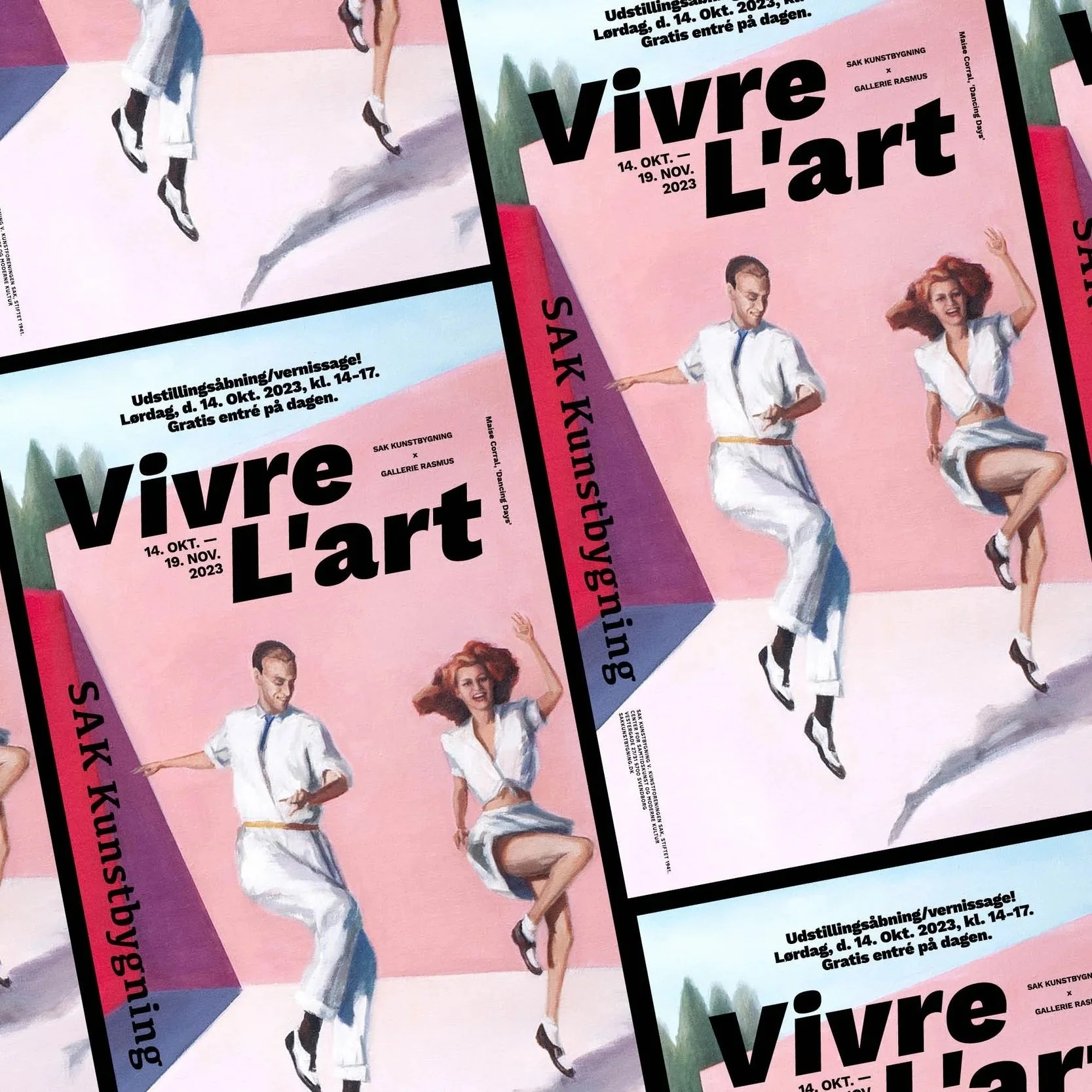 A collage of art exhibition posters titled 'Vivre L'art' with dates October 14 to November 19, 2023. The posters feature an illustration of a man and woman dancing, with the man in white and the woman with red hair, set against a pink background.