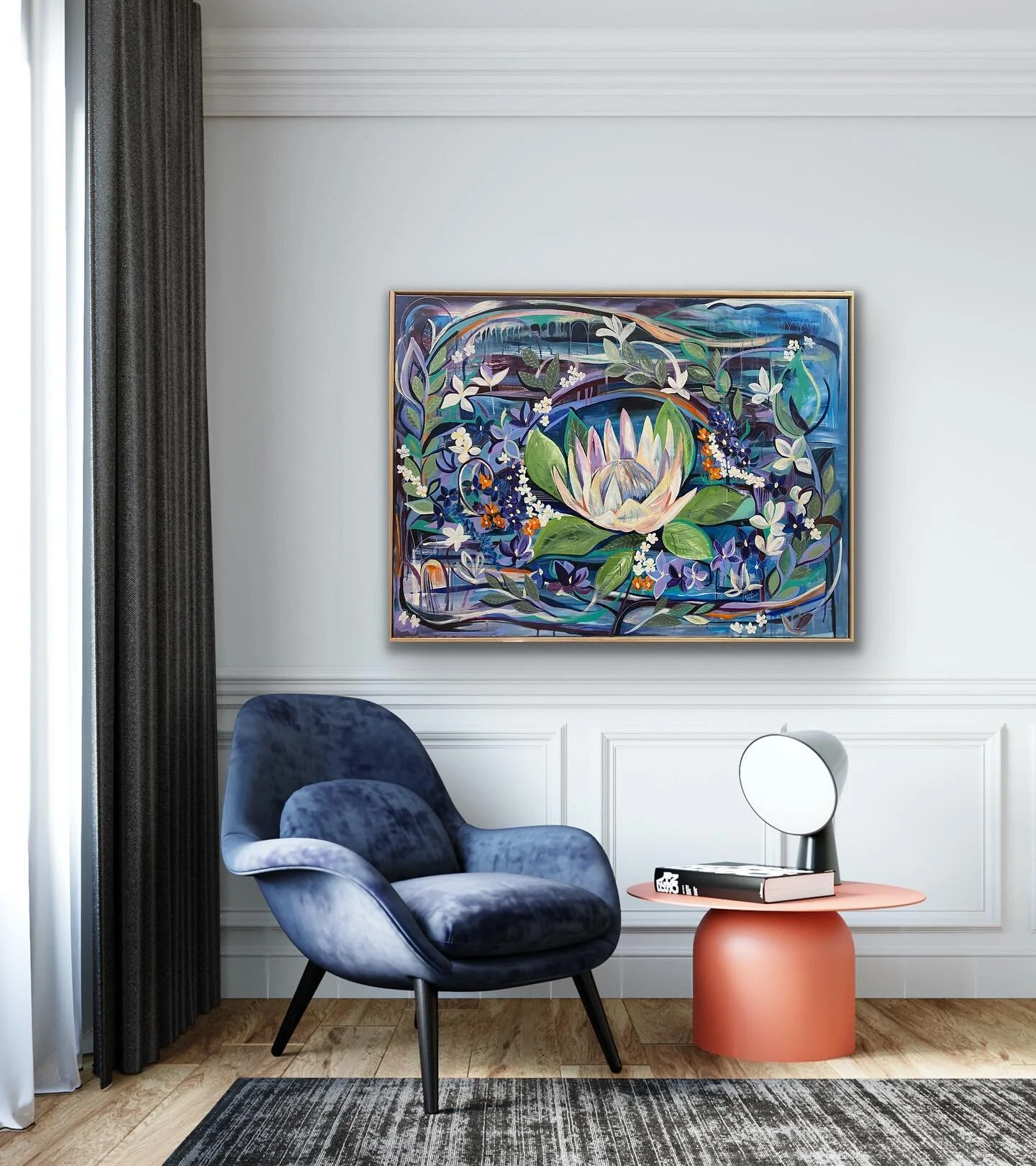 ‘Nurtured to Bloom’ was completed today. The canvas is 120 x 90 cm (framed 123 x 93 cm) . Flowers need water, various nutrients from the soil and sun to thrive. I’ve been reflecting a bit recently on things which nurture us and enab