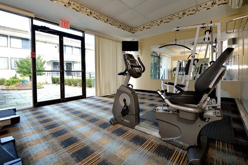Modern gym interior with exercise equipment, including a stationary bike and weight machine, carpeted floor, mirrors on the wall, and a glass door leading outside.