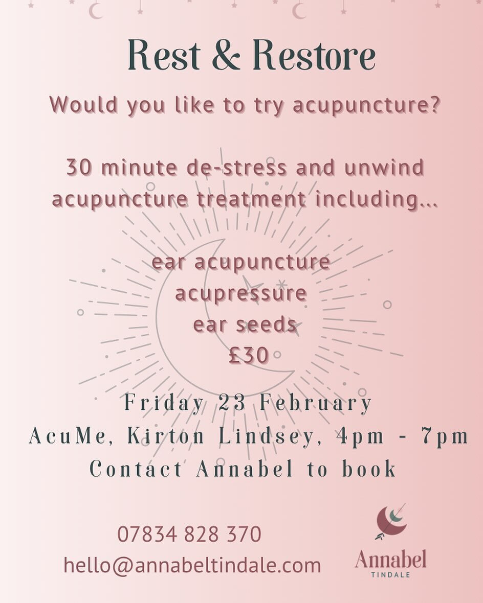 ☽ REST &amp; RESTORE☽

Feeling stressed? Need a little pick me up? 
Come and try acupuncture ✨

I&rsquo;m offering 30 minute appointments at AcuMe Kirton Lindsey, Fri 23 Feb 4 - 7pm. 

Rest and restore is the perfect way to start your Friday evening 