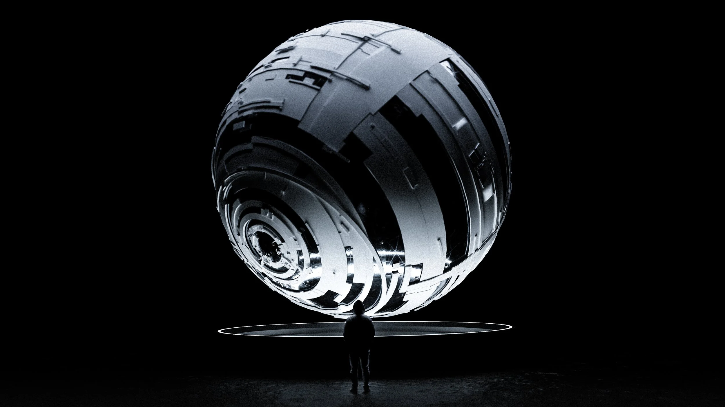 Une personne regarde un sphère géante futuriste dans un espace noir.